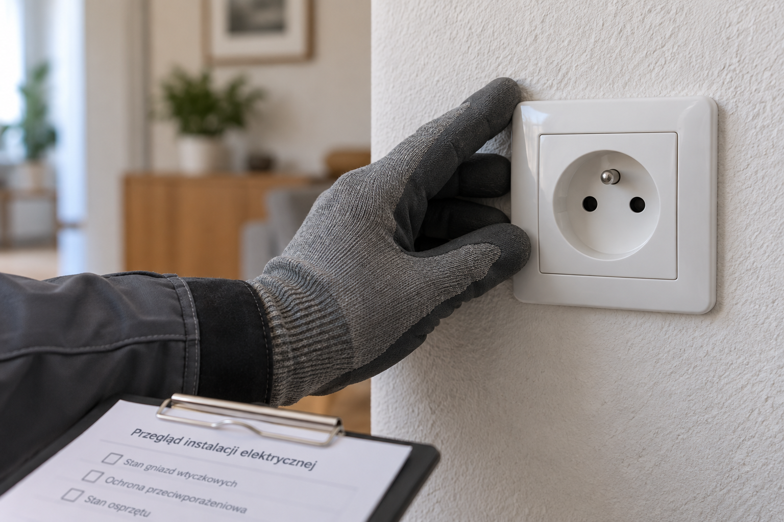 Oględziny europejskiego gniazdka typu E podczas kontroli instalacji elektrycznej